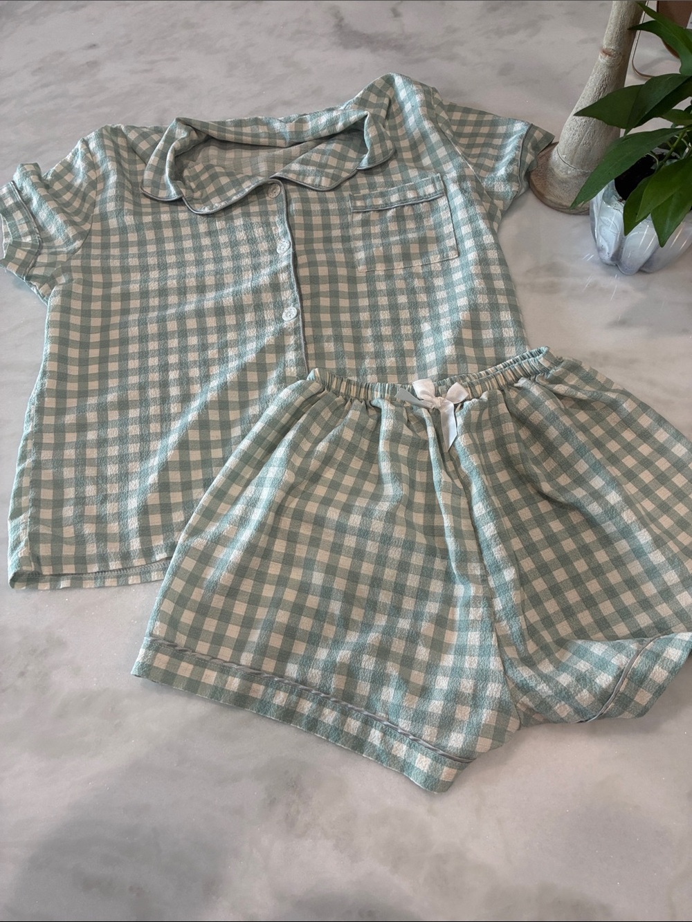 Womens Mint Green Gingham Pajama Set - Short Sleeve Button Top & Shorts